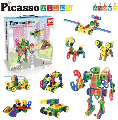 PicassoTiles STEM Learning Toys 105 Piece Building Block Set Kids Construction Engineering Kit Toy Blocks Children Early Education Playset w/IdeaBook, Power Drill, Clickable Ratchet, Age 3+ PTN105 - Image 3