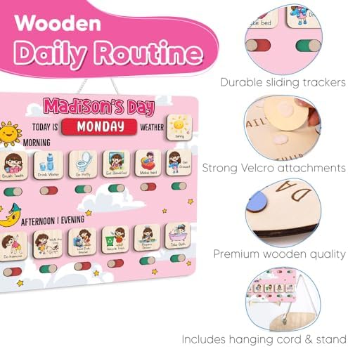 Personalized Wooden Chore Chart for Kids, Daily Routine Chart for Toddlers, Visual Schedule for Kids Age 3-5, Morning Bedtime Routine for Girls (03) - Image 6