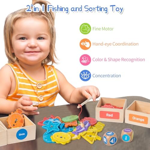 Montessori Fishing Game for Toddlers,Wooden Magnetic Fishing Game,Early Educational-Shape & Color Sorting Toy for Kid 3-5,Preschool Learning Fine Motor Skill,Classroom Matching Activity - Image 4