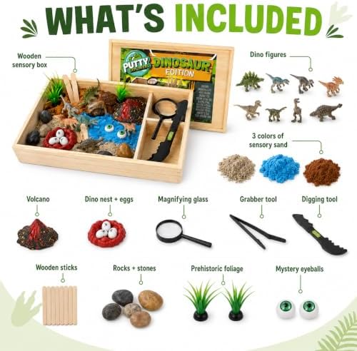 Putty Explorers Dinosaur Sensory Bin Kit for Kids Ages 4-8, Wooden Play & Storage Box with 3 Colors of Sensory Sand, Dino Figures, Eggs, Volcano & Explorer Tools, STEM Imaginative Play - Image 2