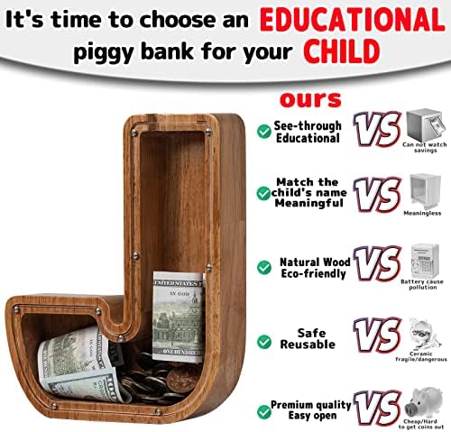 ladenk 12 Inch Extra Large Wooden Kids Letter Piggy Bank - Piggy Bank for Boys Girls - Initial J Bank - Alphabet Money Bank for Birthday - Image 3