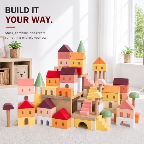 155-Piece Pink Wooden Building Blocks Set with Storage Bag - Image 2