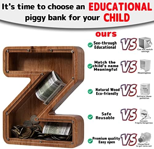 Personalized Large Wooden Kids Letter Piggy Bank - (Laser Engraved) Custom Piggy Bank for Boys Girls - Wooden Banks with Initials - Alphabet Money Box Bank Birthday Letter Z Bank - Image 4