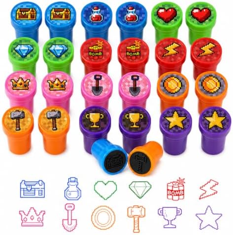 Cinrobiye 24 Pcs Pixel Stampers Party Favor Set, Cute Pixel Art Stamps for Kids Birthday Party, Classroom Rewards, Gaming Themed Party Supplies, Goody Bag Fillers, Retro Pixel Toys by Cinrobiye