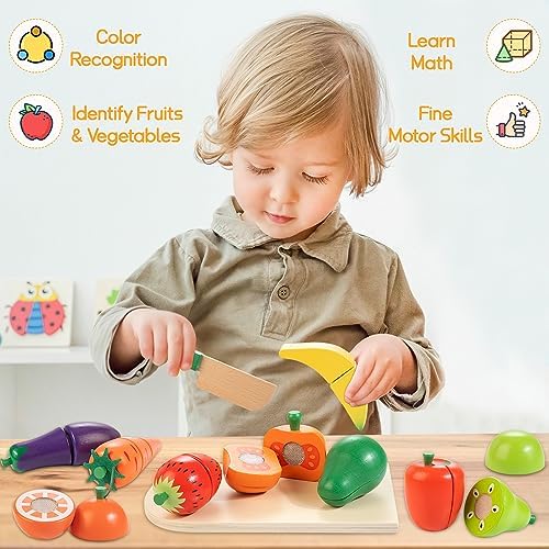 Wooden Play Food for Toddlers, Fruit & Veggies Cutting Set for Play Kitchen - Image 6