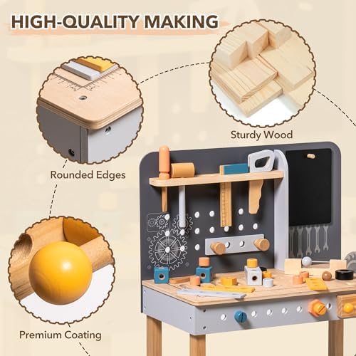 ROBUD Wooden Tool Workbench for Kids with Toy Tools Set, Blue - Image 2