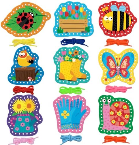 Kids Lacing Cards, 9 PCS Double-sided Garden-themed S Cards with 9 Laces by SpriteGru