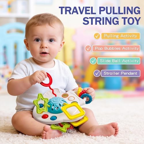 Baby Toys 6 to 12 Months, 5 In 1 Montessori Toys for 1 Year Old, Incl Travel Pull String Toy & Rattle Teether & Stacking Baby Block & Soft Infant Ring & Sensory Ball for Toddler 0-3-6-9-12 Month - Image 5