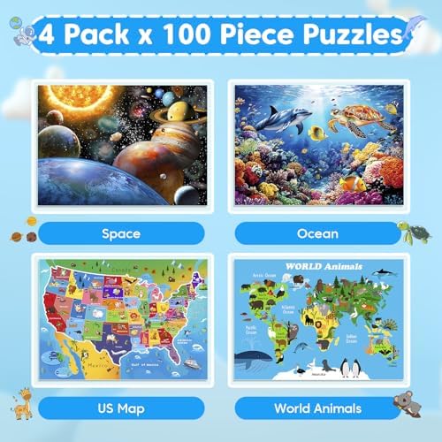 4 Packs 100 Piece Puzzles for Kids Ages 4-6 6-8 8-10, Educational Kids Jigsaw Puzzle Set, Ocean Space US Map World Animals Learning Puzzle Toy Gift for Boys Girls Teens Adults Kids Puzzles 4-6 5-8 - Image 2
