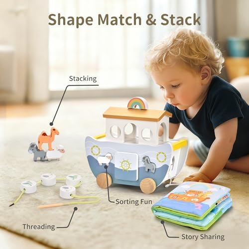 Wooden Noah's Ark Pull Along Toy with Bible Story Cloth Book - Montessori Sorting Set for Toddlers - Religious Baptism Gift for Boys & Girls -Christian Preschool Learning Toy for Kids - Image 5