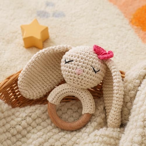 Natural Hand-Knit Wooden Baby Rattle - Soft Animal Shaped Sensory Toy for Newborns, Infants | Safe Beechwood & Crochet Texture | Perfect Baby Shower Gift - Image 4