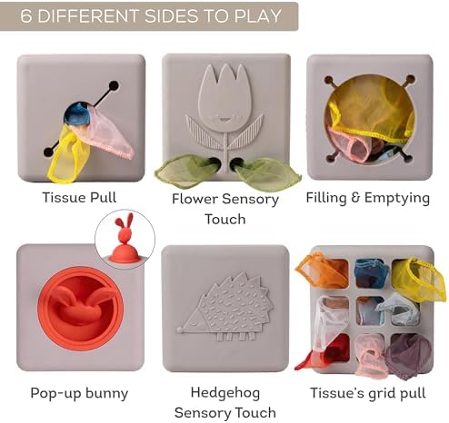 Taf Toys Baby Tissue Box Toy Silicone Baby Toys 6-12 Months Montessori Toys Sensory Activity & 10 Tissues for Fine Motor Development Soft Interactive Silicone Learning Cube for 1 Year Old Toddlers - Image 3