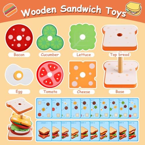 Montessori Toys for 2, 3 Year Old, Wooden Burger Sandwich Stacking Toys for Toddler Educational Toys Fine Motor Skills Foods Preschool Learning Blocks Gifts Boys Girls - Image 5