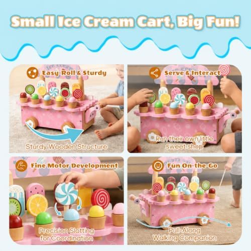 BROWNROOT Wooden Ice Cream Cart, Pull Along Pretend Play Toy for Kids - Image 4