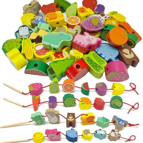 46 PCS Wooden Lacing Beads,Animals Fruits Threading Toys by Unknown