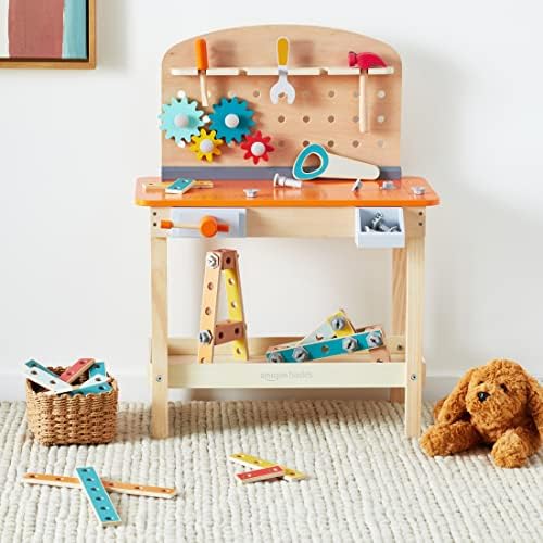 Amazon Basics Wooden Play Toy Tool Set and Workbench for Toddlers, Preschoolers, Children Age 3+ Years, 15.6"D x 22.8"W x 30.7"H, Multicolor - Image 6
