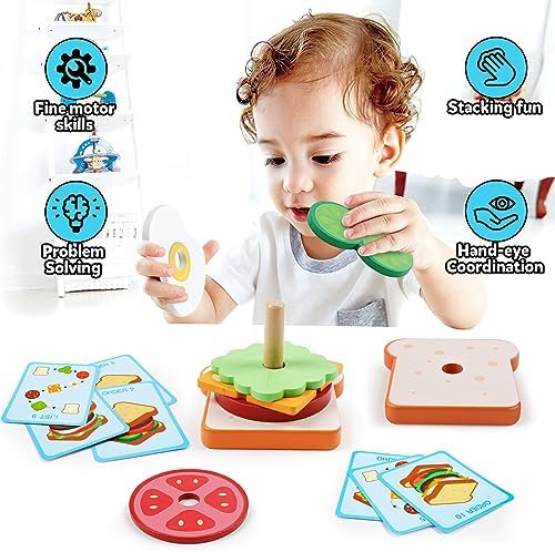 Wooden Sandwich Sorting Stacking Toys Play Food Set for Toddlers Preschool Educational Montessori Toys Fine Motor Toy for Kids Boys Girls - Image 5