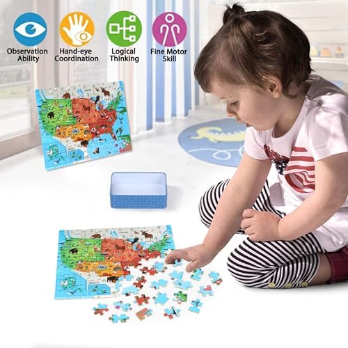 LELEMON Puzzles for Kids Ages 4-6,Animal Map 100 Piece Puzzles for Kids Ages 4-8 in a Metal Box, Educational Jigsaw Puzzles 100 Piece Puzzle Games Puzzle Toys for Girls and Boys - Image 3