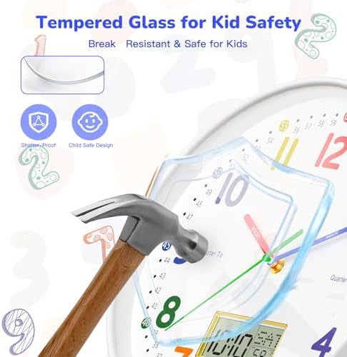 12" Silent Teaching Wall Clock with LCD Date Weekday Temperature Display – Tempered Glass, Non-Ticking Battery Operated Learning Clock for Kids Room, Classroom, Home Decor - Image 3