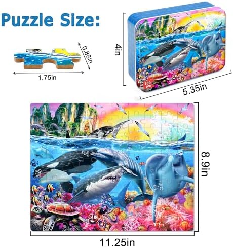 LELEMON Puzzles for Kids Ages 4-6,Underwater World 100 Piece Puzzles for Kids Ages 4-8 in a Metal Box, Educational Jigsaw Puzzles 100 Piece Puzzle Games Puzzle Toys for Girls and Boys - Image 2