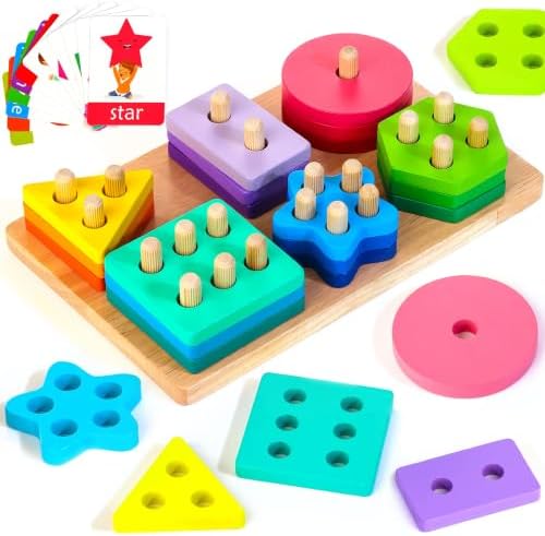 Wooden Sorting & Stacking Toys, Montessori Toys for 1 2 3 Years Old Toddlers, Shape Sorter Puzzles with 24-Piece Large Geometric Blocks & 12 Word Cards, Gift for 12+ Months Baby Boys Girls by HELLOWOOD