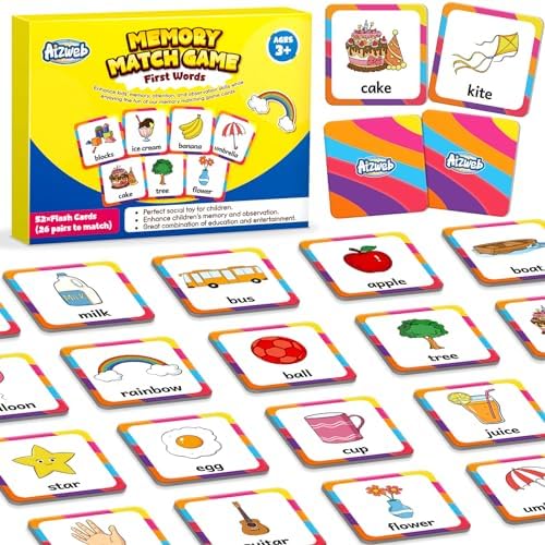 Aizweb First Words Match Game,Memory Game,52 Pcs Toddler Baby Flash Cards,Educational Toys for Pre K Preschool Kindergarten Learning Activities,Speech Therapy Materials Classroom Must Haves by AIZWEB