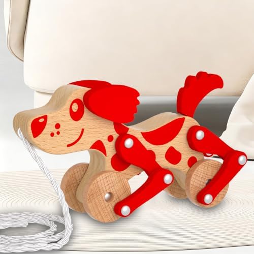 Wooden Pull Along Toy for Toddlers, Montessori Walking Pull Dog Toy (Red) - Image 2