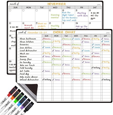 JJPRO Magnetic Dry Erase Chore Chart and Monthly Planner Whiteboard Bundle for Fridge - Chore Chart for Multiple Kids, Monthly Calendar, Behavior Chart, Reward Chart, 6 Markers by JJPRO