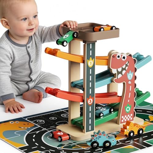 Montessori Car Ramp Toy for Children 18m+ Wooden Dinosaur Race Cars Track by AmazingJoy