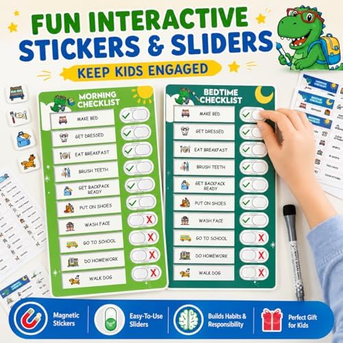 Upgraded Slider Morning/Bedtime Routine Chart for Kids Toddlers - Magnetic Kids Chore Chart for 2 Kids, Dry Erase Chore Chart for Kids, Visual Schedule for Kids - Image 3