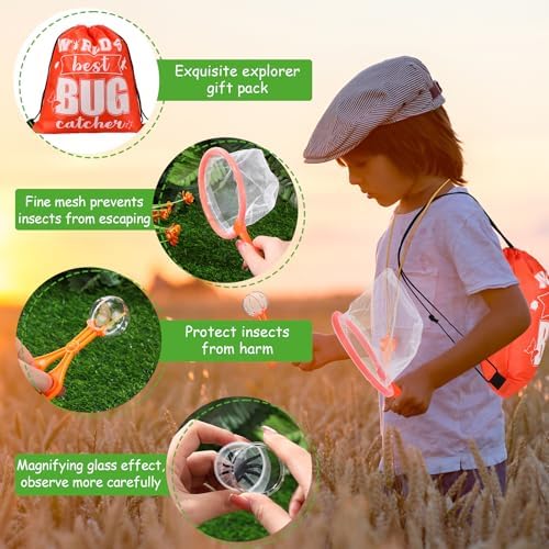 Silipull Bug Catching Kit for Kid Outdoor Explorer Kit Include Catching Scissor Tong Tweezer Clamp Bug Cage Whistle Insect Net Drawstring Bag for Boy Girl Educational Adventure Hunting(Orange,96 Pcs) - Image 4