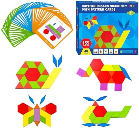 155 PCS Wooden Pattern Blocks Set, 24 Double-Sided Design Cards(48 Patterns) Geometric Shape Puzzle Fun Tangram Montessori Learning Toys for Kids Ages 4-8 (A Storage Bag & A Gift Box) by SpriteGru