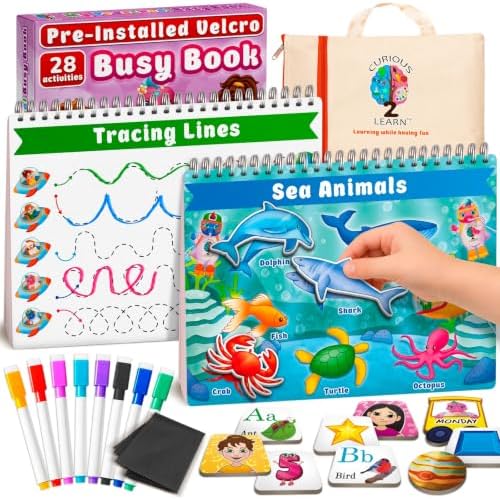 Curious 2 Learn Montessori Busy Book for Toddlers Ages 3–5 — PRE-Installed Velcro, 28 Activities, 165+ Pieces, Travel Bag & 8 Markers — Screen-Free Preschool Learning Toy, Boys & Girls by Curious2Learn