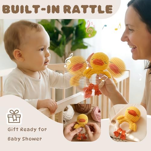 Moyii Handmade Crochet Baby Rattle Toy, 100% Organic Cotton Amigurumi Animal with Natural Beech Wood Teether Ring, Soft Sensory Newborn Toy, Montessori Nursery Gift for Boys & Girls - Image 4