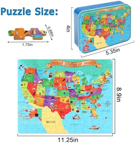 LELEMON Puzzles for Kids Ages 4-6,USA Map 100 Piece Puzzles for Kids Ages 4-8 in a Metal Box,Educational Jigsaw Puzzles 100 Piece Puzzle Games Puzzle Toys for Girls and Boys - Image 2