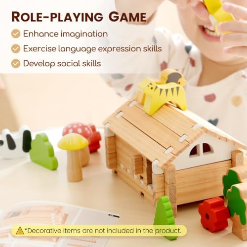 Jovi-Mindly & Notchies 96 PCS Wooden Building Blocks Toy Set for Kids Ages 4+ Boys Girls, Creative Construction Imaginative Cabin House with Storage Bag STEM Educational Learning Toy for Birthday Gift - Image 2