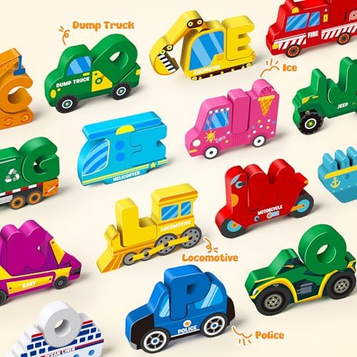 Vanmor Wooden Vehicle Alphabet Puzzle for Toddlers, Traffic ABC Letter Sight Words Matching Game with 52 Blocks and Flash Cards, Spelling Game Toys, Kindergarten Preschool Learning Activities - Image 4