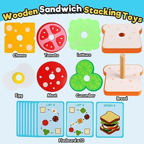 Wooden Sandwich Sorting Stacking Toys Play Food Set for Toddlers Preschool Educational Montessori Toys Fine Motor Toy for Kids Boys Girls - Image 3
