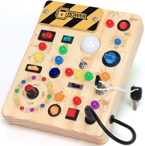 Busy Board with LED Light Switches, Montessori Toys for 1 2 3 Years Old, Toddlers Wooden Toy Sensory Activity Board, Travel Toys for 1+ Year Old Boy & Girl Birthday Gift by HarVowforToddlerToys