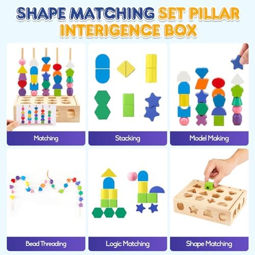 3 in 1 Montessori Wooden Toys, Lacing Beads & Stacking Blocks & Shape Sorter Sequencing Toy Set, STEM Preschool Educational Learning Fine Motor Skills Toys for Toddlers 3 4 5 Years Gifts - Image 3