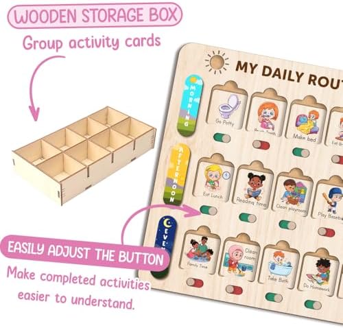 My Daily Routine Chart for Kids 11x13 Inch – Wooden Chore Chart with Visual Cards, Morning Afternoon Evening Schedule Board, Sliding Tracker & Star Reward System for Toddlers & Preschool Learning - Image 3