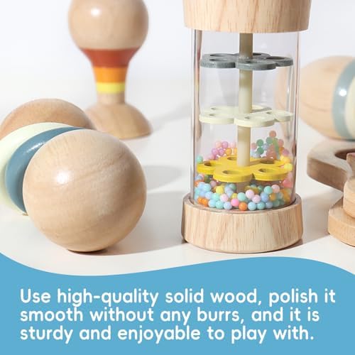 Wooden Baby Rattle Set, 7-in-1 Montessori Toys for Infants 0-6 Months, Moonkie Natural Wooden Baby Toys with Sensory Musical Instruments & Storage Bag - Image 5