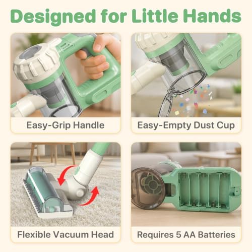 3-in-1 Kids Vacuum that Really Works - Toddler Vacuum Cleaner with Real Suction, Pretend Play Housekeeping & Cleaning Toy Set for Kids Ages 3+ (Green) - Image 6
