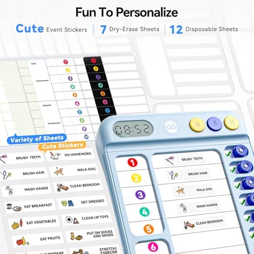 Chore Chart for Kids with Visual Timer, ADHD Tools Visual Schedule Planning Board with Slider, 20 Personalizable Cards and Magnetic Marker, Morning/Bedtime/Daily Routine Chart Checklist - Blue - Image 4