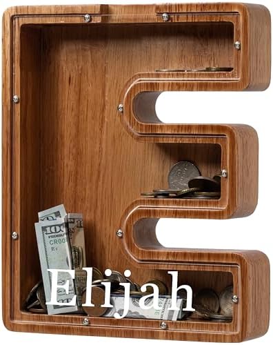 Personalized Large Wooden Kids Letter Piggy Bank - (Laser Engraved) Custom Piggy Bank for Boys Girls - Wooden Banks with Initials - Alphabet Money Box Bank Birthday Letter E Bank by Ladenk