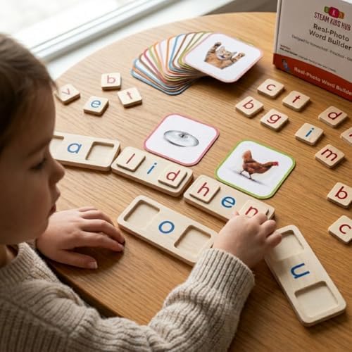 Montessori Wooden CVC Word Game | Real Photo Phonics Flash Cards Ages 3+ - Image 4