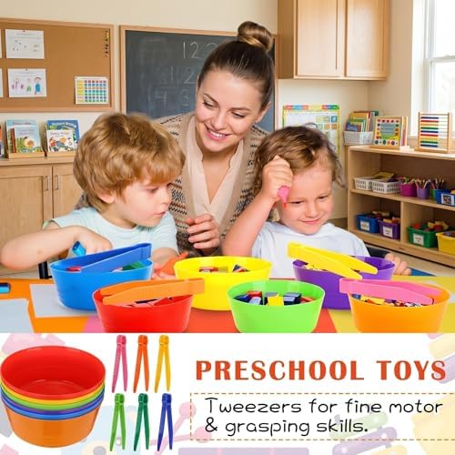 VioraWhite 48 Pcs Sorting Bowls with Tweezers, 6 Color Counting Toy Develops Fine Motor Skills, STEM Early Math Activity Set for Preschool Kids, Ideal for Back to School Learning - Image 7