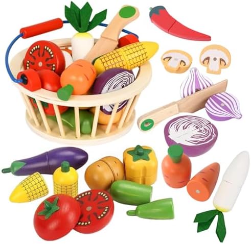 Wooden Vegetable Toys for Children,Pretend Play Food Set for Kid, Magnetic Cutting Kitchen Toy with Picnic Basket,Baby Dinette Accessories for Toddlers Store Grocery,Gift for Girl Boy by LearnfromPlay