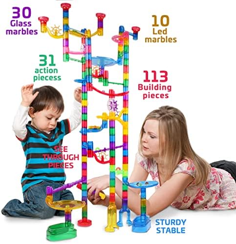 Meland Marble Run Sets for Kids - 153Pcs Marble Race Track Maze Madness Game STEM Building Tower Toy for 4 5 6 + Year Old Boys Girls(113 Pcs + 30 Glass + 10 Led Lighted) - Image 3