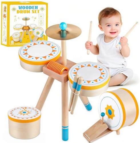 Toddlers Drum Set Toy Kids Wooden Jazz Drum Montessori Musical Instruments by Meytccve